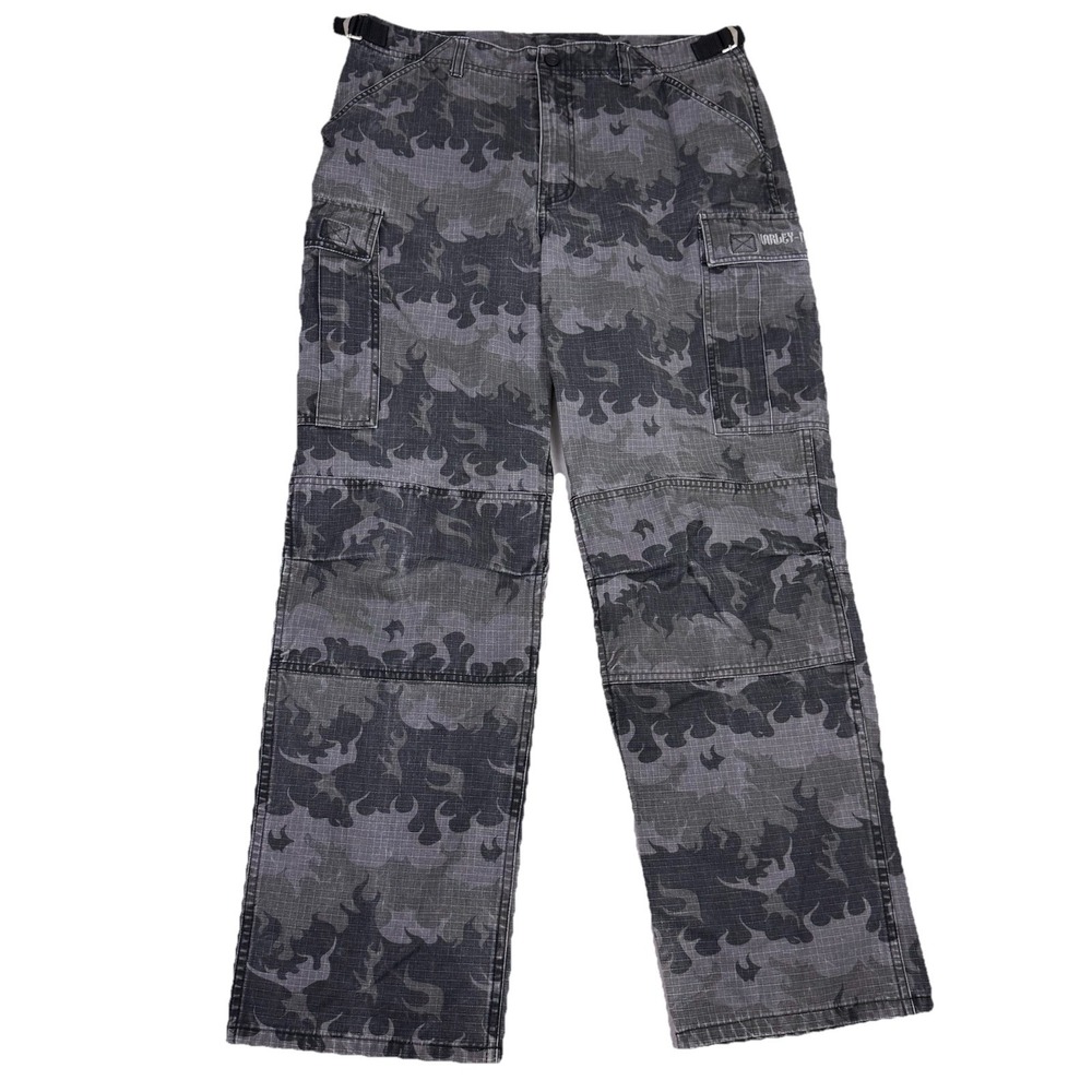 Vintage Harley-Davidson Flame Camo Cargo Pants Grey Ripstop Mens Size 35